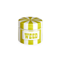 Yellow and white striped container with 'WEED' text on a white background