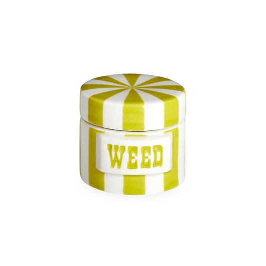 Yellow and white striped container with 'WEED' text on a white background