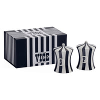 A VICE brand salt and pepper shaker set with a matching gift box. The set features two small ceramic shakers with black and white vertical stripes, each decorated with a large letter 'P' to denote pepper shakers, positioned next to their box which has a matching striped pattern.