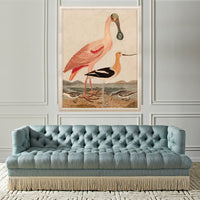 warnicke spoonbill print baxter t-arm sofa with bullion fringe - styled view