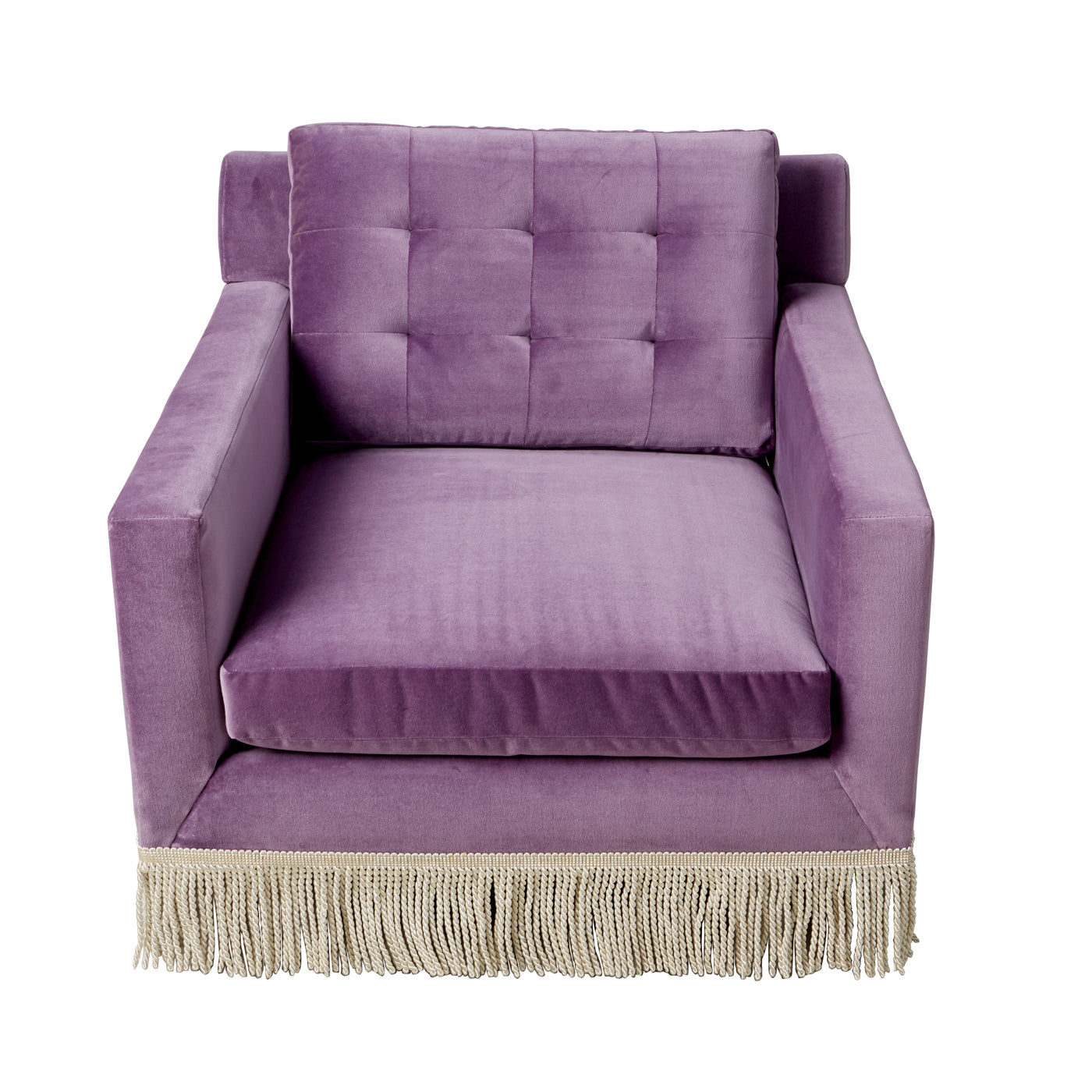 wright lounge chair with bullion fringe venice amethyst velvet base natural beech wood - front view
