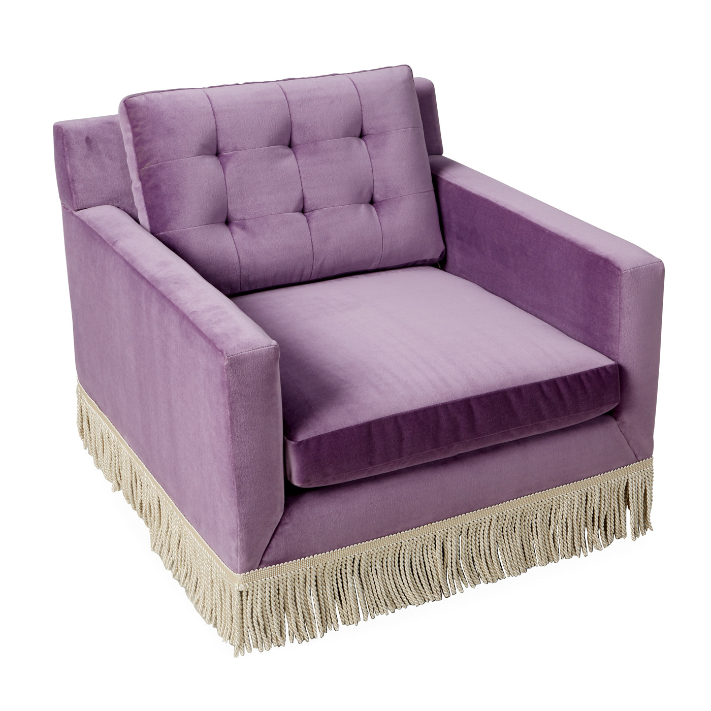 wright lounge chair with bullion fringe venice amethyst velvet base natural beech wood - angle view