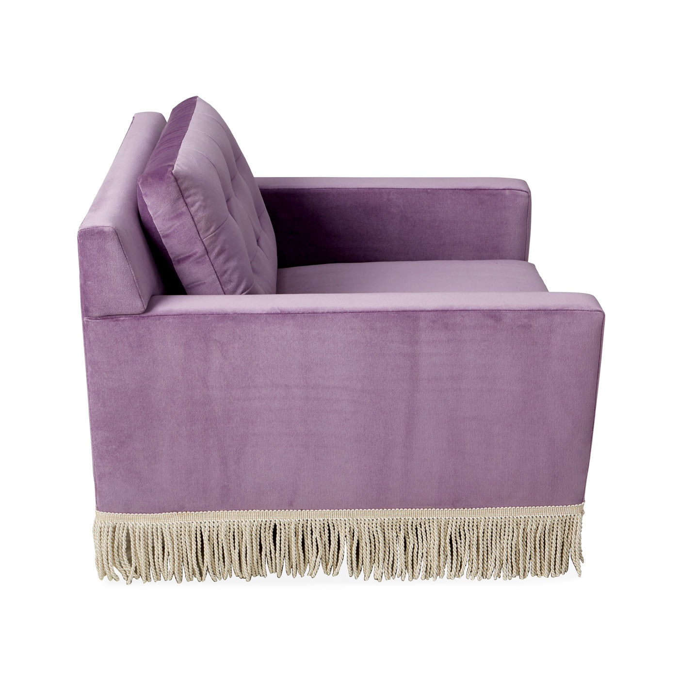 wright lounge chair with bullion fringe venice amethyst velvet base natural beech wood - side view