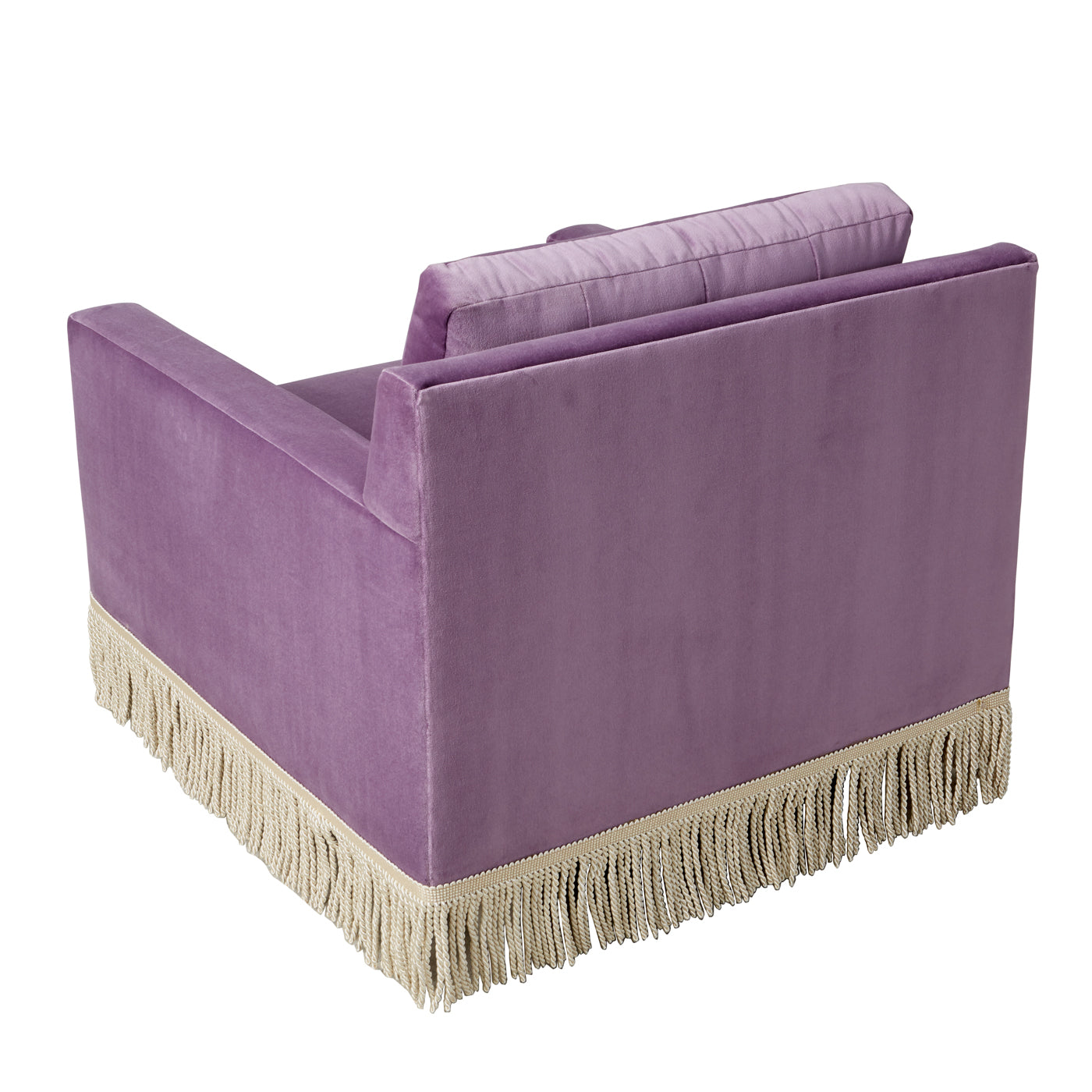 wright lounge chair with bullion fringe venice amethyst velvet base natural beech wood - angle back view