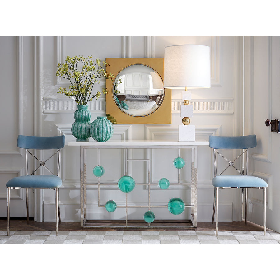 globo fretwork console rider dining chairs globo convex mirror poirot vases vignette - styled view