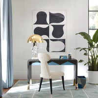arcade console desk vera dining chair globo table lamp - styled view